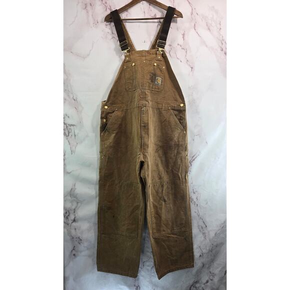 Carhartt Overalls Men 44 X 30 Bib Brown Duck Canvas Carpenter Straight R01 Vtg - Picture 1 of 12